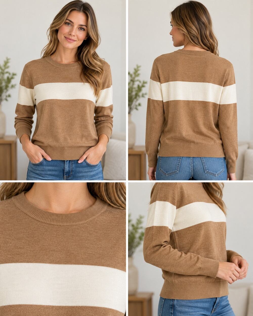H&M Small Tan Ivory Colorblock Crewneck Knit Sweater Neutral